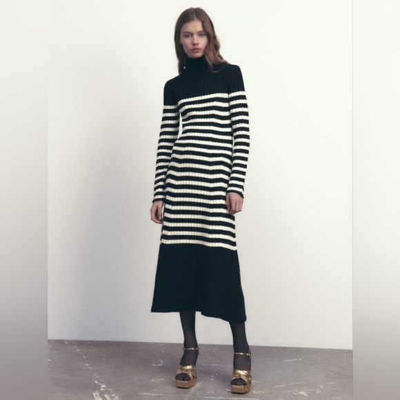 New Zara Wool Blend Striped Knit Midi Dress - 5755/147 - Picture 2 of 8